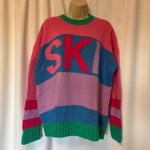 Show Me Your Mumu Oversized Knit Ski Sweater Women’s M Pink Multi Colorblock 80s - Picture 2 of 10